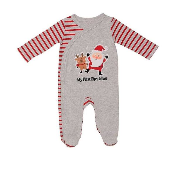 MY FIRST CHRISTMAS NB Gray Bodysuit Santa Reindeer Snowflake Holiday Pic Newborn - Picture 2 of 6